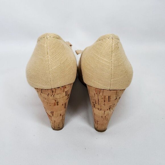 Ellen Tracy Cork Wedge Canvas Shoe 8 Peep Toe Bow Tan Beige Brown - Picture 6 of 9